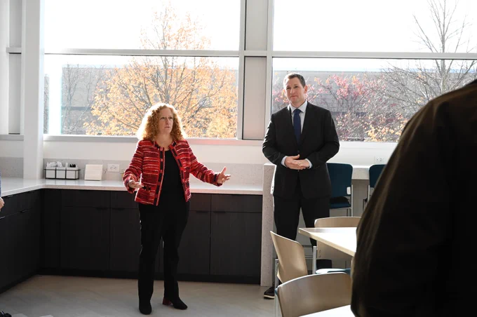Chancellor Jennifer L. Mnookin speaks at Accuray's facility in Middleton, WI