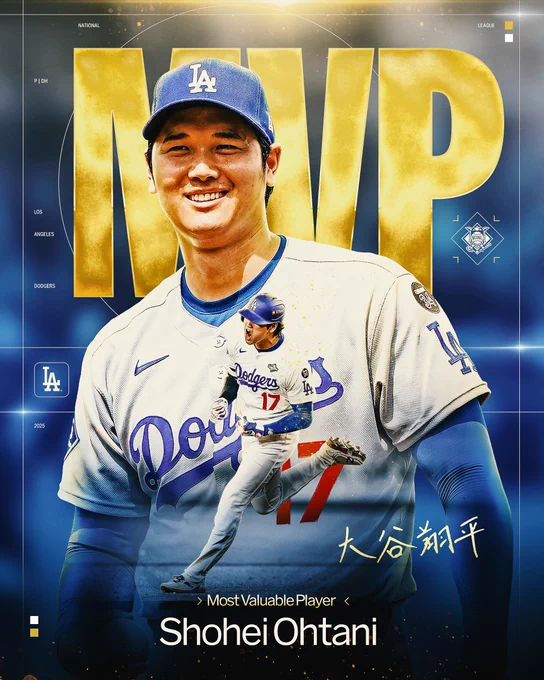 Shohei Ohtani NL MVP
Pictured: Shohei Ohtani smiles while wearing a road gray Dodgers uniform. Below, Ohtani yells while wearing a home white Dodgers uniform. In the lower right corner is Ohtani’s signature in Japanese. 
