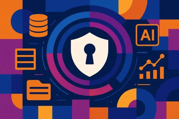 Abstract illustration with a shield in the center containing a keyhole. An "AI" icon, and a graph, next to icons of a database, file directory and document. Rings radiate from the shield against a geometric blue, purple and orange background.
