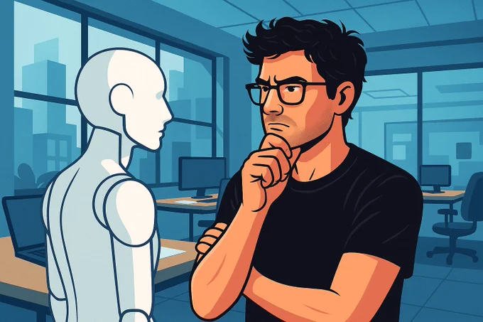 A stylized digital illustration of a man in his mid-thirties, with dark hair and glasses, standing thoughtfully in a modern office as he faces a minimal humanoid robot. The scene is calm, with soft blue tones, large windows, and desks in the background, suggesting a moment of reflection on human-AI collaboration.