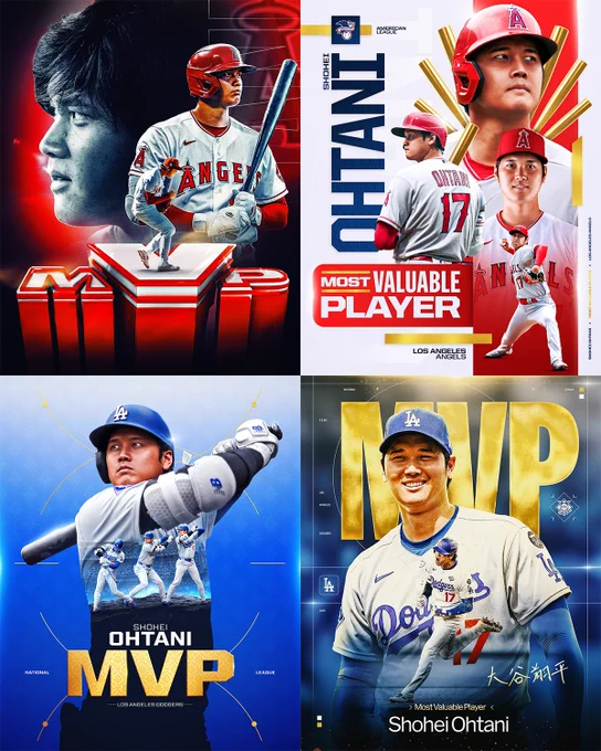 A collage of Shohei Ohtani’s MVP graphic announcements (2021 Angels, 2023 Angels, 2024 Dodgers, 2025 Dodgers)
