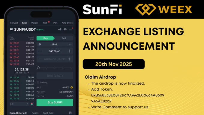 SUNFI will be listed on Weex Exchange on 20th Nov 2025!