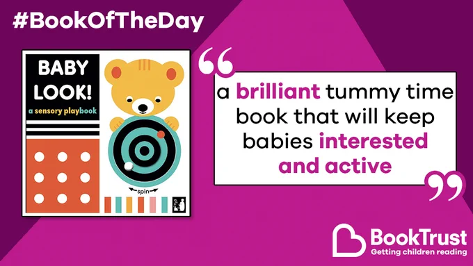 The front cover of Baby Look and a quote from our review: 'A brilliant tummy time book that will keep babies interested and active'