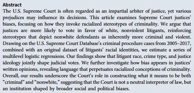 JREP abstract discussing biases in the U.S. Supreme Court's decisions, focusing on racial stereotypes in criminal cases from 2005-2017, based on analysis from the Court's criminal docket.