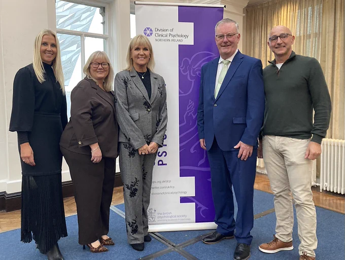 Pictured left to right: Dr Kerry Sweeney; Dr Sarah Meekin; Professor Nichola Rooney, DoH Chief Psychological Professions Officer; Health Minister Mike Nesbitt; Dr Mark Conachy