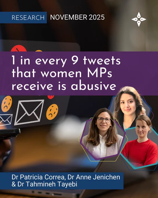 A designed graphic with text reading: "Research, November 2025. 1 in every 9 tweets that women MPs receive is abusive. Dr Patricia Correa, Dr Anne Jenichen and Dr Tahmineh Tayebi." The graphic also shows headshot-style photos of Patricia, Anne and Tahmineh and the John Smith Centre logo.