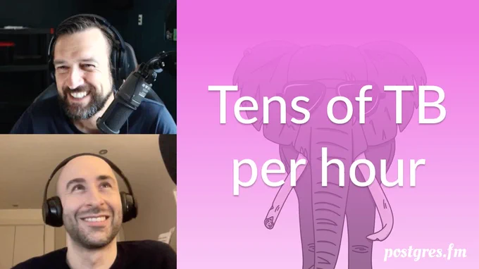 Pictures of Nik and Michael mid-recording, the episode title "Tens of TB per hour", against a pink backround with an elephant wearing sunglasses.