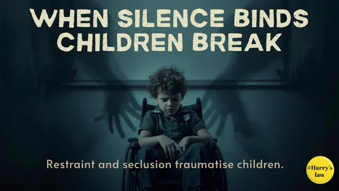 When silence binds
Children break. 
Restraint and seclusion traumatise children. #HarrysLaw 
A child on a chair with shakes of hands around them in a dark room.