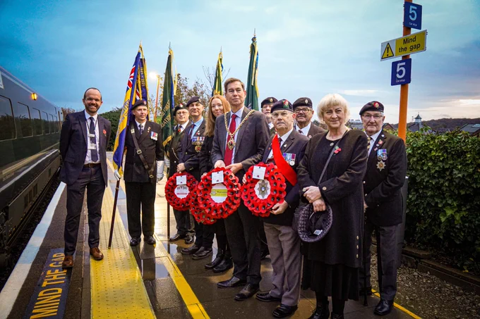 The Mayor of Worcester with military dignitaries meeting the Poppy Train
