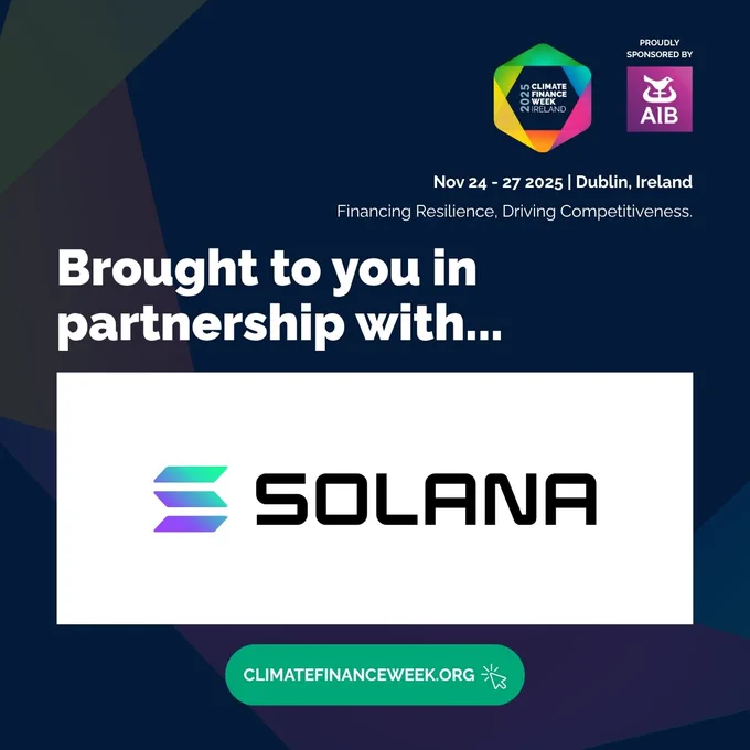 Graphic displaying the Solana logo beneath the text “Brought to you in partnership with,” shown alongside the Climate Finance Week Ireland 2025 branding.