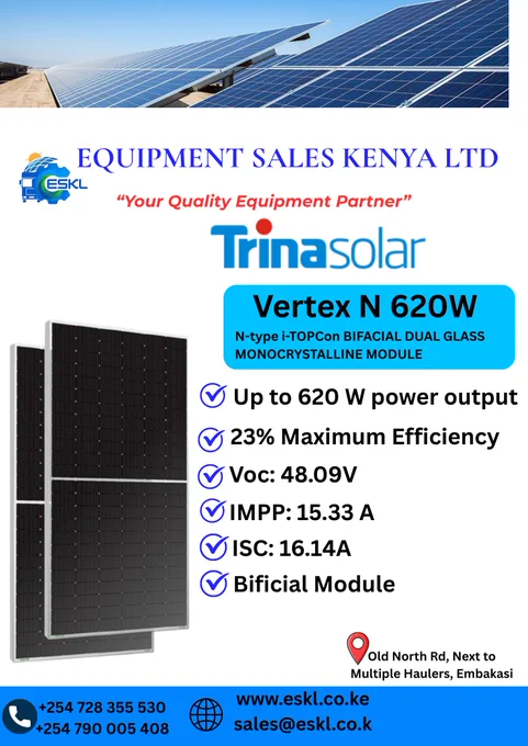 ⚡ Now Available: Trina Solar Vertex N 620W
High efficiency, dual-glass durability & superior energy yield ☀️🔋

Built for commercial & industrial performance — reliable, powerful, and designed for maximum ROI.

DM to order | Limited stock
📞  254 728 355 530 |  254 790 005 408
📩 sales@eskl.co.ke
📌 Old North Airport Rd, Next to Multiple Hauliers, Embakasi, Nairobi


#TrinaSolar #VertexN #SolarEnergy #CleanTech #Renewables #KenyaSolar #SolarSolutions