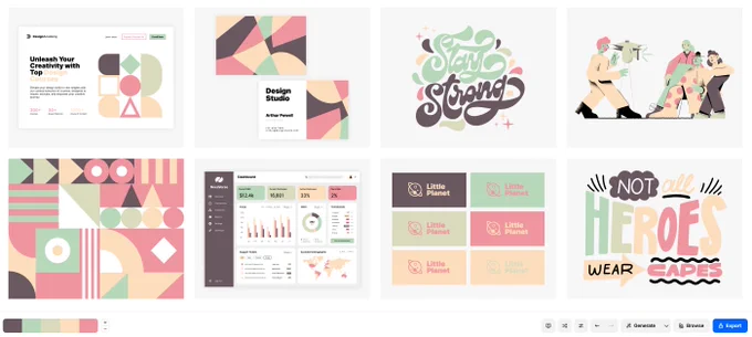 A collection of different visuals shown in the Coolors Visualizer tool, where you can see the same color palette being used in different illustrations, typography, and a dashboard.