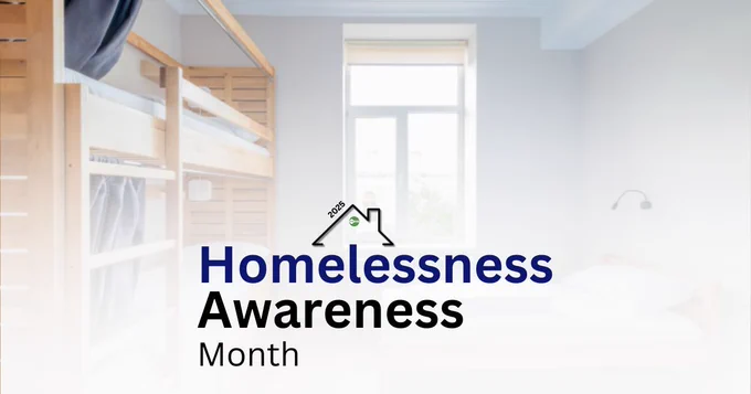 [image: Homelessness Awareness Month graphic over a shelter room]