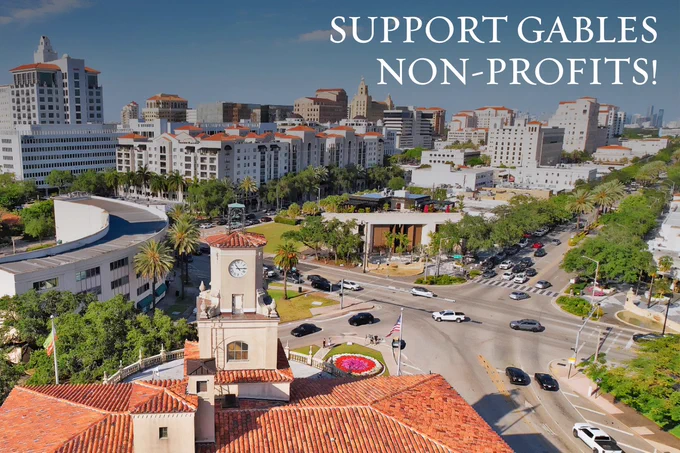 Aerial view of Coral Gables with overlaid text that reads, “Support Gables Nonprofits!”