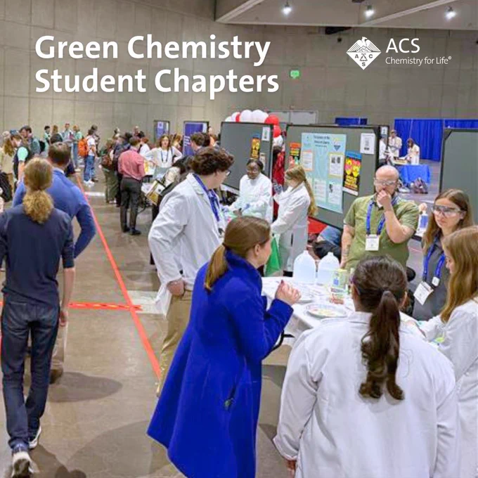 Photo of chemistry expo with ACS logo and text overlay: Green Chemistry Student Chapters.