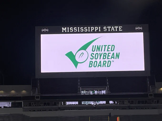 Mississippi State jumbotron with United Soybean Board logo