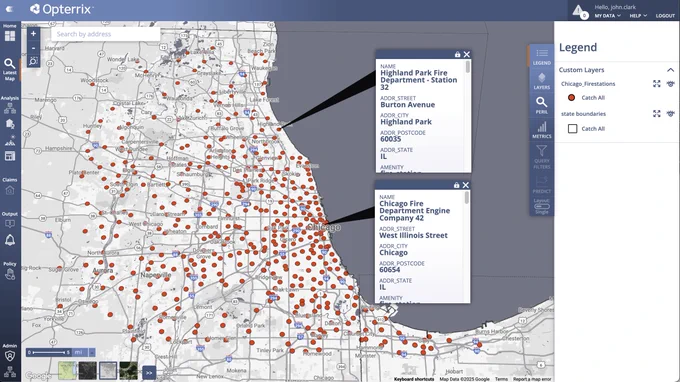 A map of fire stations in the Chicago area, visualized in the Opterrix platform.