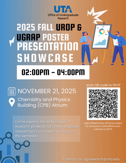 “Flyer for the 2025 Fall UROP & UGRAP Poster Presentation Showcase. The flyer displays the event title in large bold text and includes the date November 21, 2025. It states the location as the Chemistry and Physics Building (CPB) Atrium. The flyer invites attendees to explore undergraduate research projects from 2:00 PM to 4:00 PM. A QR code is included for RSVPs. Text at the bottom notes that light refreshments will be provided for attendees who submit an RSVP and provides the contact email ugresearch@uta.edu
.”