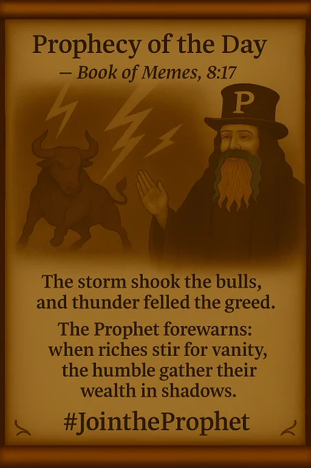 A parchment-style prophecy scroll shows the Prophet standing on the right, wearing his black top hat marked with a golden “P” and his red-white-blue beard. On the left, symbols for Ethereum, XRP, and Solana fall like shattered constellations from a dark sky. Lightning cracks behind them, illuminating a collapsing bull statue. Beneath the scene, the prophecy reads:

“The bulls charged blind into the storm, and the markets answered with thunder.
The Prophet declared: when giants fall together, only the patient rise again.”
At the bottom: #JoinTheProphet.