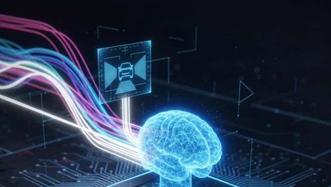 A conceptual image of an **Active Inference** agent (a brain-like node) managing data streams on an edge computing chip for an autonomous vehicle.

