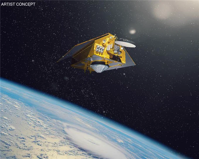 Artist illustration of the Sentinel-6B satellite orbiting Earth. The satellite looks like a house, with two solar panels that form a ‘roof’ above the body of the satellite. Below, there is a spiral-shaped hurricane on Earth. Credit: NASA