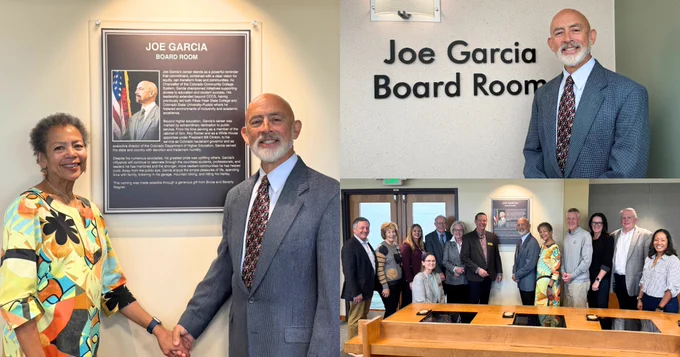A collage of three photos: one showing Joe Garcia and a woman holding hands and smiling in front of a plaque honoring him; one showing Joe Garcia standing beside a wall sign that reads ‘Joe Garcia Board Room’; and one showing a group of twelve people smiling together in front of the same commemorative plaque in a boardroom.