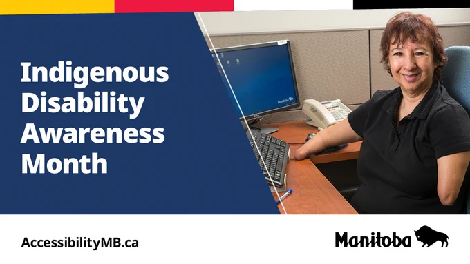 A person sitting at a computer smiling. Caption: Indigenous Disability Awareness Month.