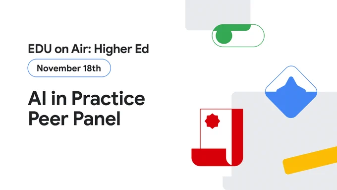A graphic for "EDU on Air: Higher Ed," featuring the title "AI in Practice Peer Panel" on November 18th, with abstract icons in red, blue, green, and yellow.