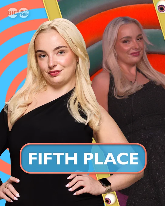 A graphic with two images of Emily. One is her press photo, and the other photo is of Emily in the Diary Room. The text reads: "Fifth place". 