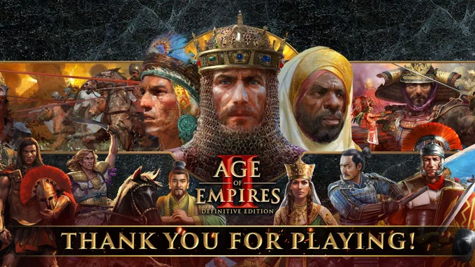 A graphic celebrating the sixth anniversary of Age of Empires II: Definitive Edition. The game's retail key art is centered on a black marble background, with six characters from different DLC releases arranged in front of it. From left to right: Lysander from Chronicles: Battle for Greece, Alexander from Chronicles: Alexander the Great, Liu Bei from The Three Kingdoms, Tamar from The Mountain Royals, Oda Nobunaga from Victors and Vanquished, and Trajan from Return of Rome. A partially transparent black background outlined by golden bars reads: "Thank you for playing!" while flaming sparks float in the background behind it. 

