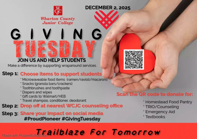 Graphic with hands holding a red paper heart announcing Giving Tuesday. 