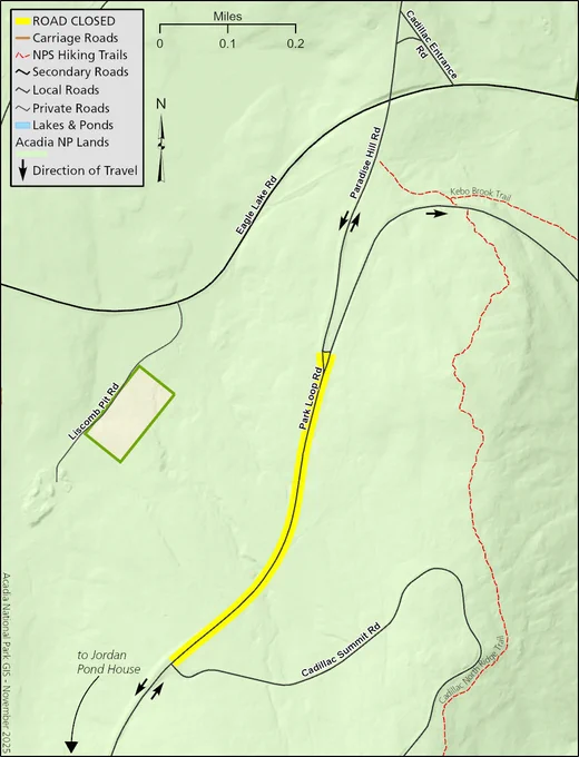 Map of park roads with a section highlighted in yellow. The yellow sectionn will close to all use.