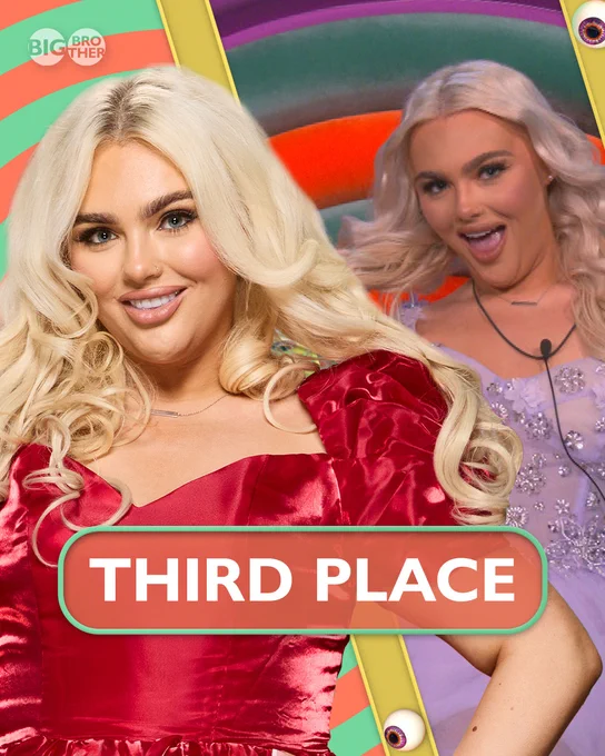 A graphic with two images of Jenny. One is her press photo, and the other photo is of Jenny in the Diary Room. The text reads: "Third Place".