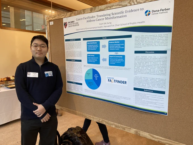 Photo of Department of Environmental Health at Harvard Chan School Master of Science Candidate Yoon Sik Jung standing next to a poster about the Zhu Center's Cancer FactFinder website.