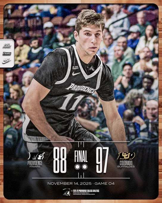 final score Providence Friars 88, Colorado Buffaloes 97, November 14, 2025, Game 4, Ryan Mela in game action