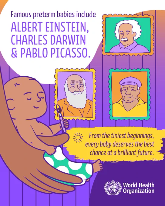 Illustration of a baby holding a pencil with portraits of Einstein, Darwin, and Picasso, highlighting famous preterm babies and a WHO message on nurturing potential.