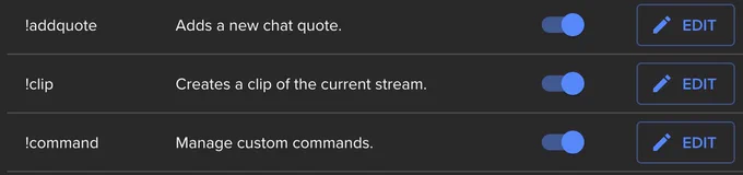 Screenshot showing the !clip command with a description of "Creates a clip of the current stream."

It is enabled with a toggle switch.