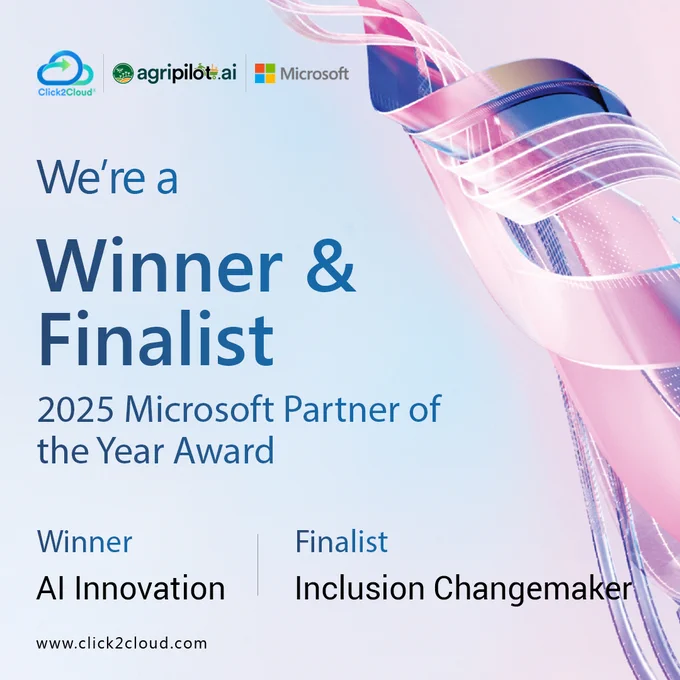 We accelerate AI readiness and digital transformation worldwide through our AI COE, Agentic AI Frameworks, and CloudsIntel & AgriPilot.AI platforms.

AgriPilot.AI—co-developed with Microsoft Research and highlighted by Satya Nadella and Elon Musk—delivers real-time farm intelligence that cuts costs, optimizes inputs, and boosts yields at a global scale.

“Winning the AI Innovation Award and being recognized as a Finalist for Inclusion Changemaker reflects our mission to democratize AI for everyone.”
— Prashant Mishra, Founder & CEO, Click2Cloud

Heartfelt thanks to Microsoft, our incredible teams, partners, and customers for your trust and collaboration. Together, we’re shaping the future of AI and sustainability. 💙

#Click2Cloud #MicrosoftPartner #AIInnovation #InclusionChangemaker #AgriPilotAI #Copilot #AI #DigitalTransformation #Sustainability #AIForGood #PartnerOfTheYear2025 #CloudsIntel #FarmBeats #MicrosoftPartnerBlog 