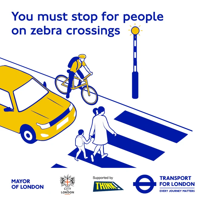 Road Safety week graphic showing vehicles stopping at a zebra crossing.