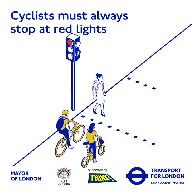 Road Safety week graphic showing a cyclist stopping at a red light