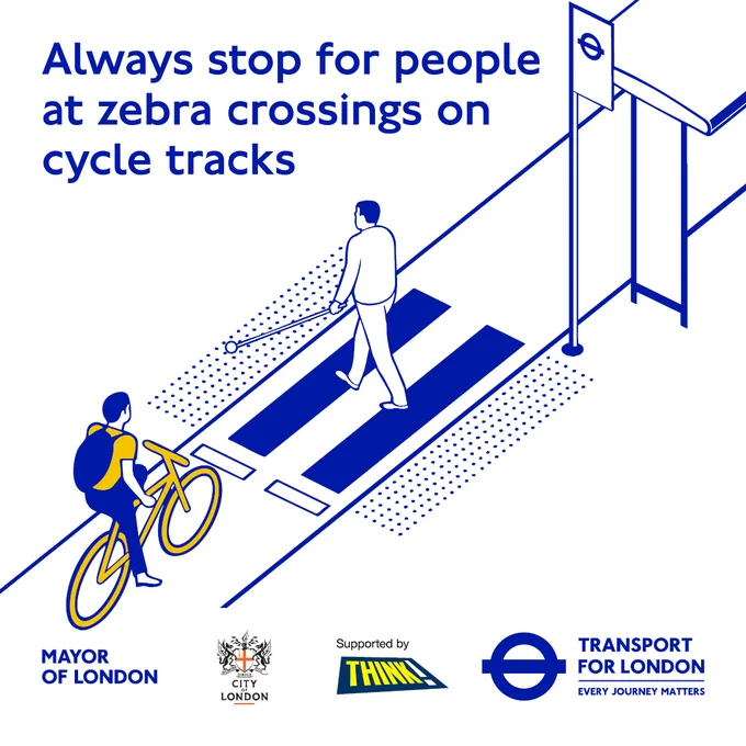 Road Safety week graphic showing a cyclist stopping for a pedestrian.