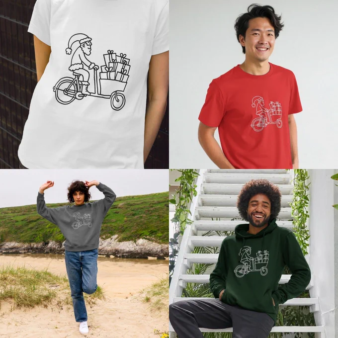 Various modals wearing Christmas jumpers and t-shirts featuring a cycling Santa design