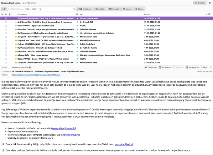 Een schermafbeelding van Thunderbird waarin de Rijkspodcastregister-atom-feed is geladen.