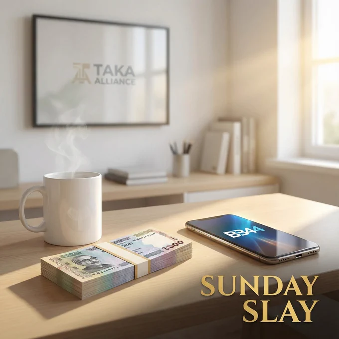 Sunday Slay promotional graphic featuring Taka currency bundles and coffee, emphasizing the BB44 mobile gaming platform. Taka Alliance weekend win bonus offer at takalliance.com/bonus.html for active players