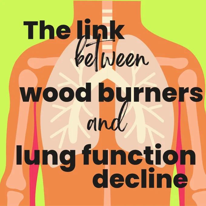 Black text reads “The link between wood burners and lung function decline”. The background is green and there is an orange drawing of a human torso with the bones and lungs drawn in lighter shades.