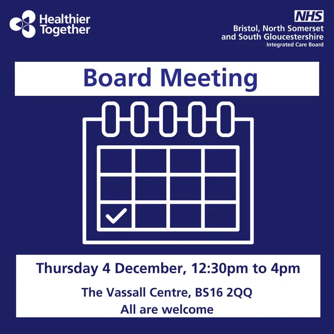 Text reads 'Board Meeting. Thursday 4 December, 12:30pm to 4pm. The Vassall Centre, BS16 2QQ. All are welcome'
