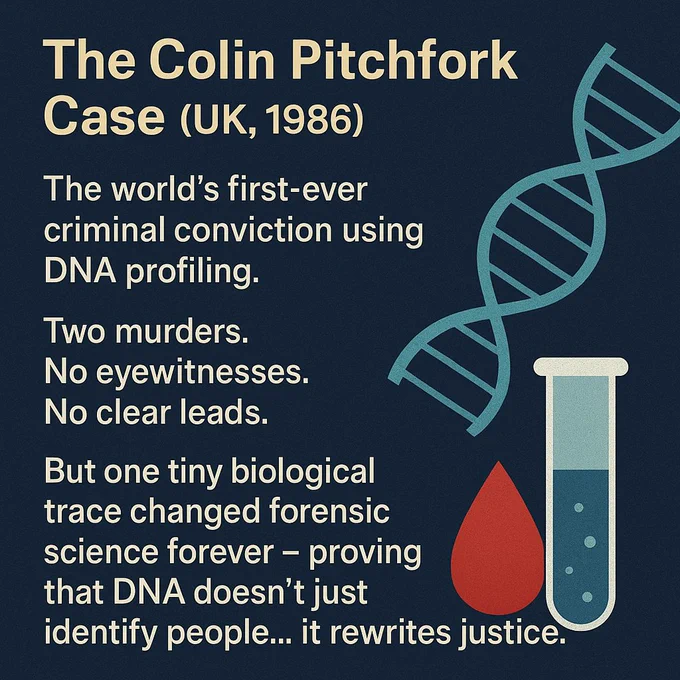 🕵️‍♂️ The Case That Changed Forensics Forever
In 1986, DNA profiling solved the Colin Pitchfork case — the first criminal conviction in history using DNA.
No witnesses. No clear leads.
Just a tiny biological trace that transformed justice and proved that science never lies.

#DNAProfiling #ForensicScience #CaseStudy #CrimeInvestigation #HistoryOfForensics