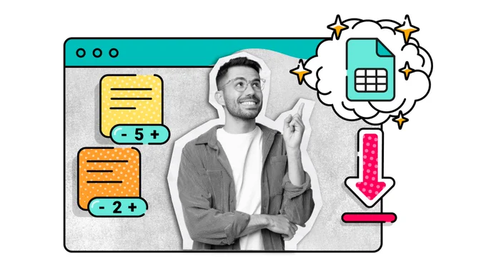 a man wearing glasses smiles and points upwards, around him is an impression of a Miro board with upvotes on sticky notes. To his side is a symbol of an excel sheet being downloaded.