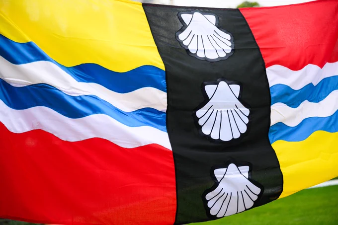 Bedfordshire flag, four corners are red and yellow, there is a black strip in the middle with white shells. 