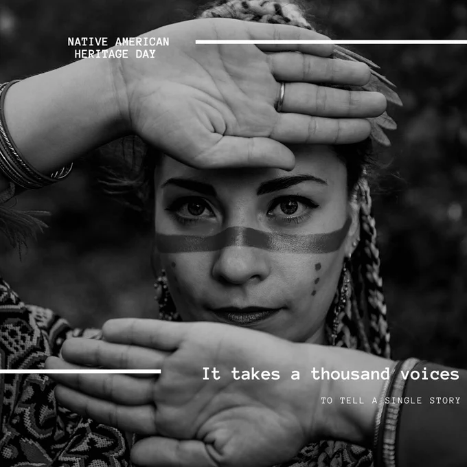 Native American woman with her hands before her face. Text: It takes a thousand voices to tell a single story. 